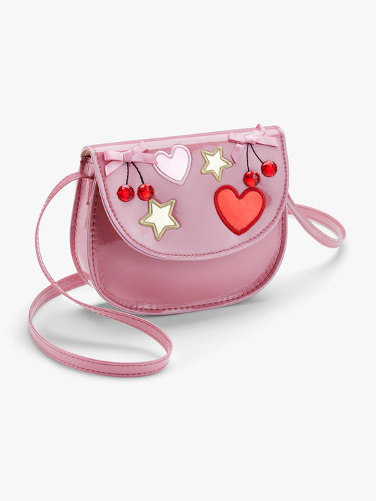 Stych Girls Pink PU curved fold over flap crossbody bag with heart, start and cherry appliqué decoration 