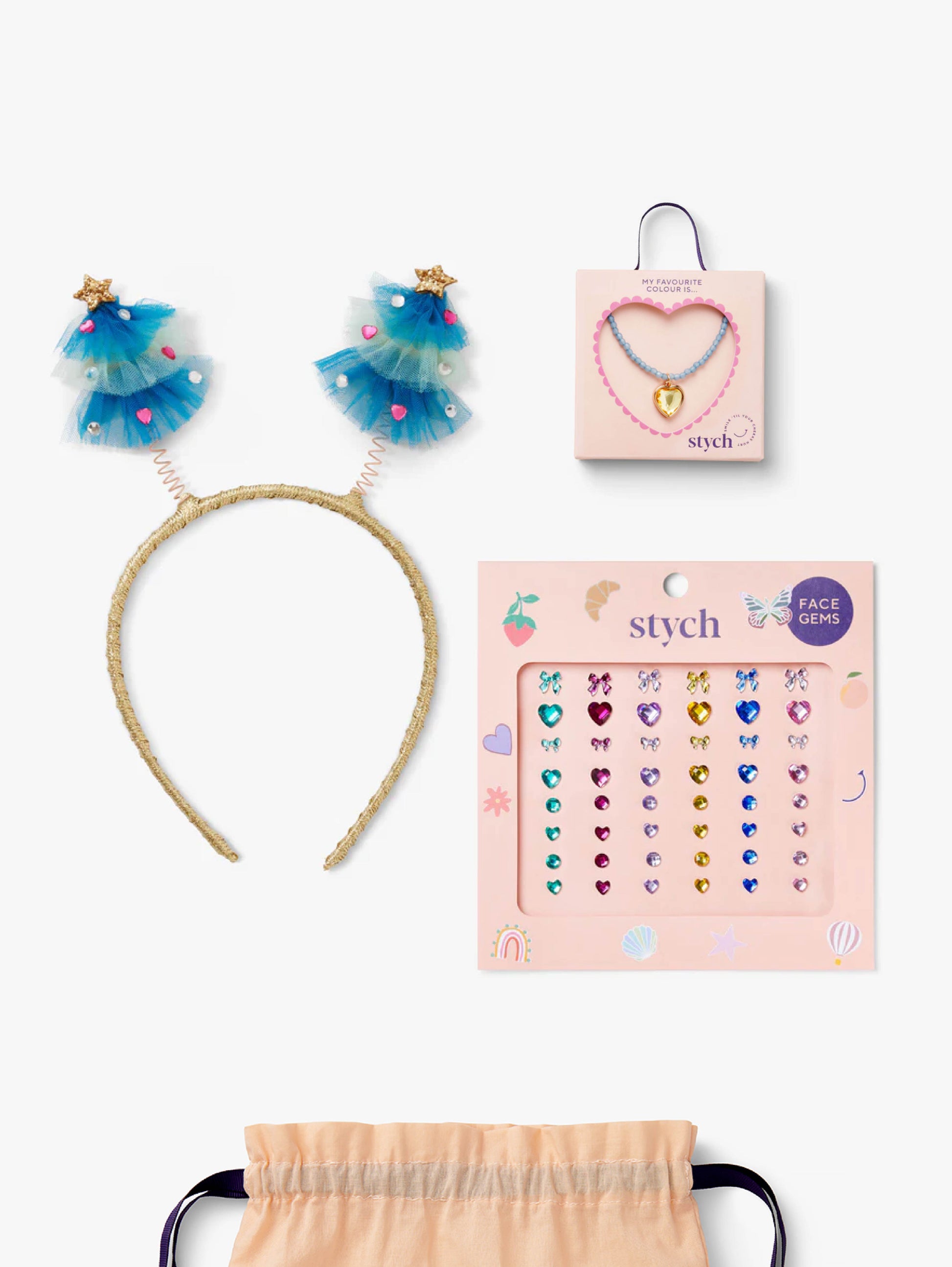 Stych Kids Christmas Gift Set with Christmas Blue Tulle Tree Bopper Headband, Face Gems Pack, Yellow Gem Heart Necklace in a box, all gifted in a Stych Fabric Bag 