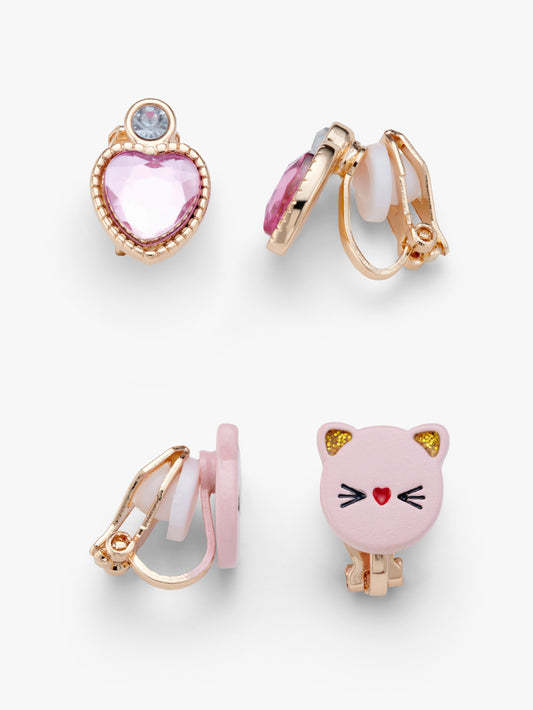 Stych Girls 2 Pair Clip On Earrings Cat Face And Heart Pink Jewel Enamel with Gold Tone Finish, One Size