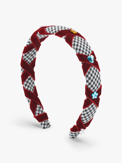 Stych Kids Criss Cross Burgundy Velour And Gem Gingham Padded Headband 