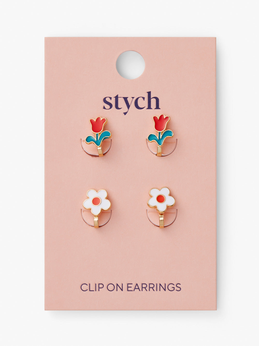 Stych Girls 2 Pair Clip On Earrings Red Tulip & White Daisy Enamel with Gold Tone Finish, One Size