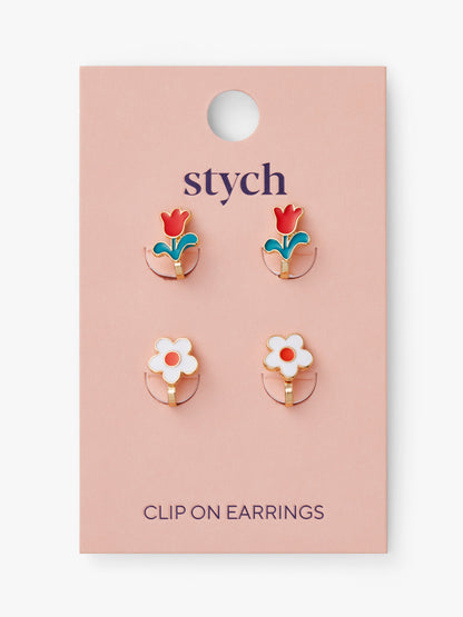 Stych Girls 2 Pair Clip On Earrings Red Tulip & White Daisy Enamel with Gold Tone Finish, One Size