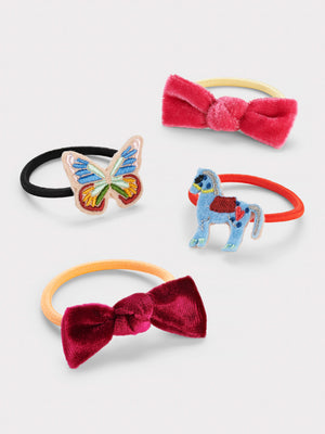 Stych Girl's Pack of 4 Hair Band With Unicorn & Butterfly Embroidered Applique & Velvet Bows ; Multi-colour, elasticated 
