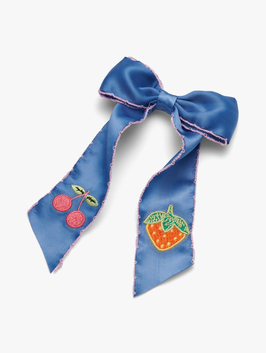 Stych Kids Statement Long Bow Hair Clip Embroidered With Cherry & Strawberry Blue 