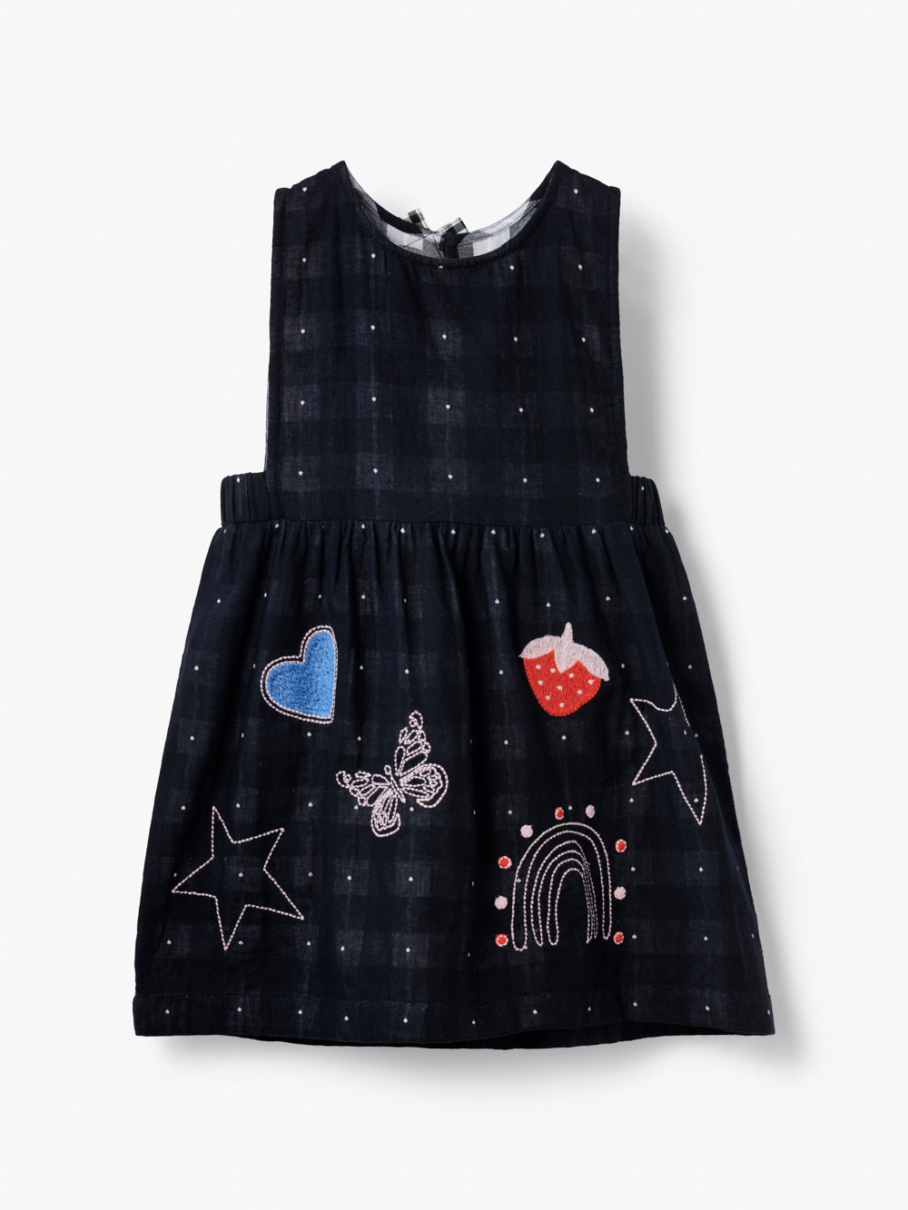 Stych Kids Gingham Pinafore Embroidered Cotton Dress Black 3 sizes 3-4yr, 5-6yr. 7-8yr