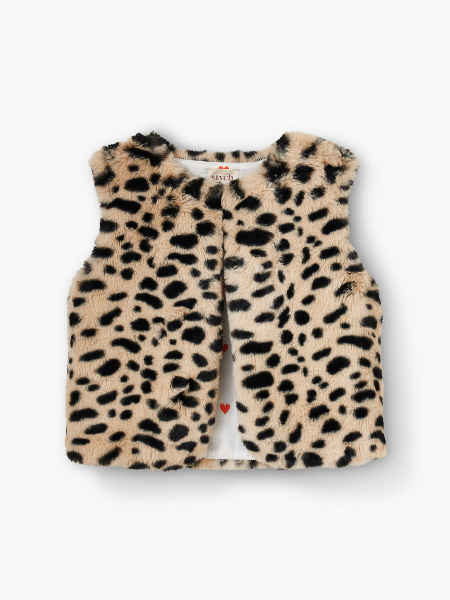 Stych Girl's Faux Fur Leopard Gilet With Heart Print Lining Sizes 3-4 5-6 & 7-8 years
