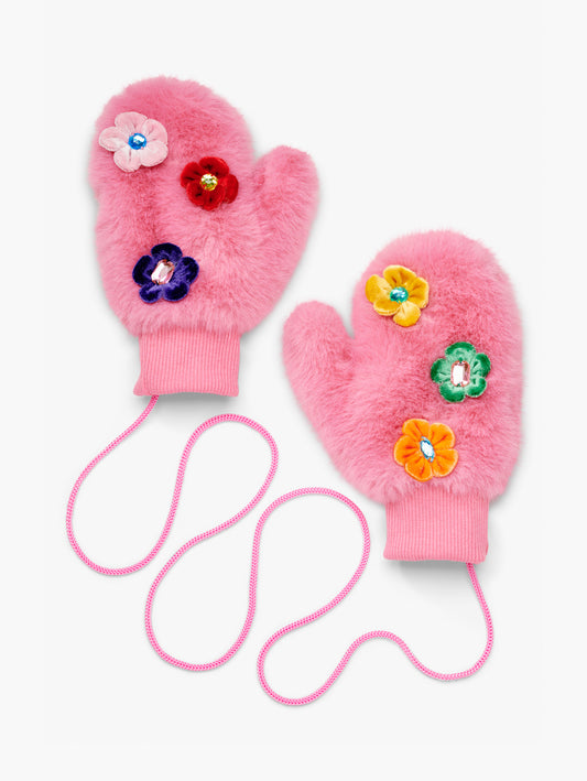 Stych Kids Pair of pink faux fur mittens with velour flower and gem  patch detail. Ribbed cuffs and string attachment. 