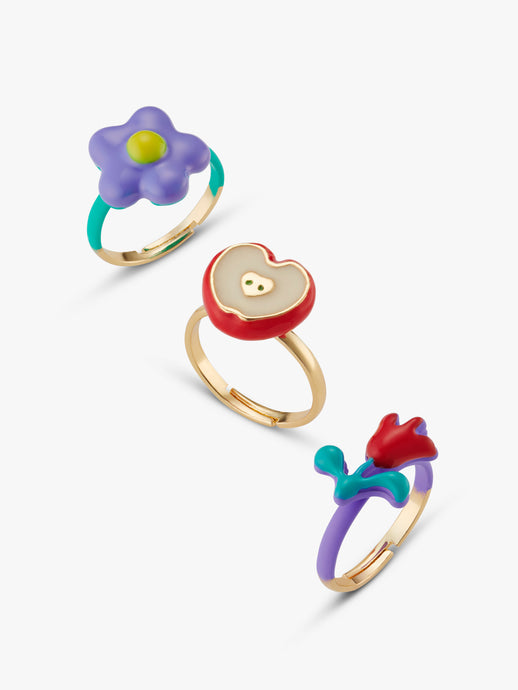 Stych Girls Pack of 3 Rings in Flowers and Apple designs; Adjustable Bands