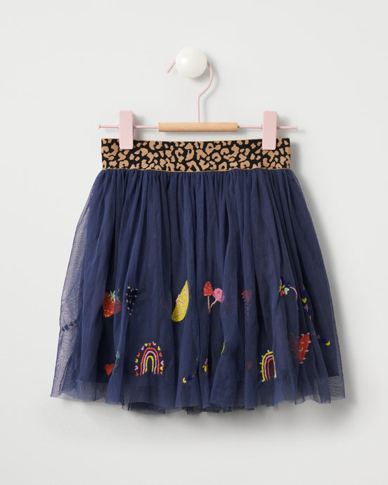 Stych Girl's Navy Tulle Lined Skirt With Embroidered Applique and Leopard Print Elasticated Waistband Ages 3-5 & 6-8 years 