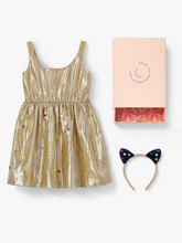 Load image into Gallery viewer, Stych Girl&#39;s Gold Party Dress With Gems and Gem Ear Headband Dress Up Gift Box Ages 3-4; 5-6;7-8 