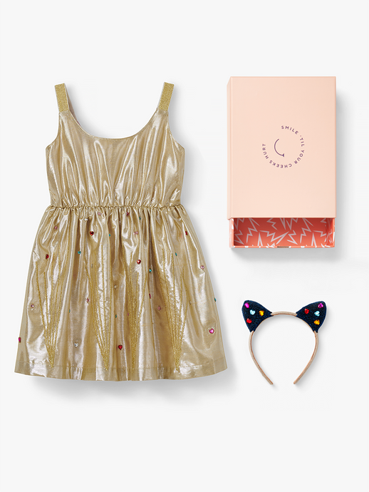 Stych Girl's Gold Party Dress With Gems and Gem Ear Headband Dress Up Gift Box Ages 3-4; 5-6;7-8 
