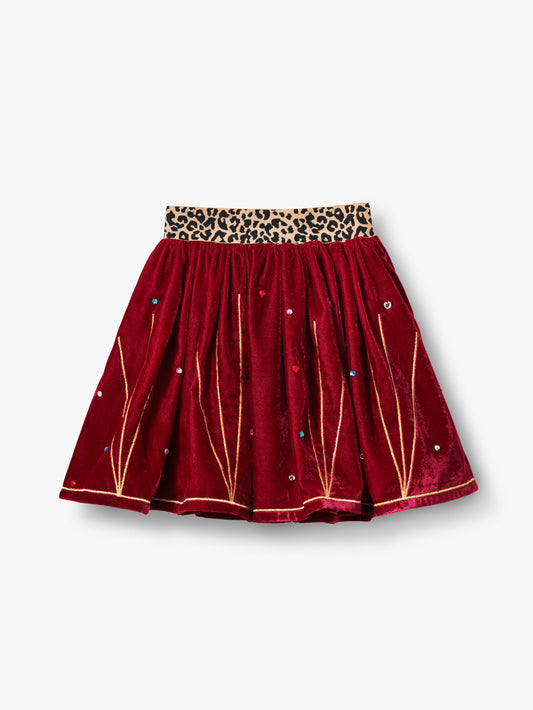 Stych Girl's Deep Pink Velvet Gold Thread Embroidery & Gem Applique Skirt With Leopard Waistband, Lined, Sizes 3-5 & 6-8 years