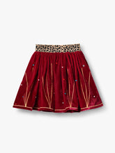 Load image into Gallery viewer, Stych Girl&#39;s Red/Burgundy Velvet Gold Thread Embroidery &amp; Gem Applique Skirt With Leopard Waistband, Lined, Sizes 3-5 &amp; 6-8 years