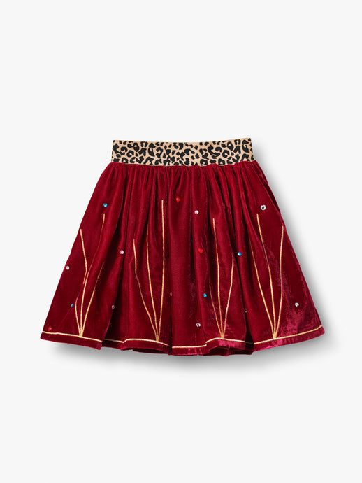 Stych Girl's Red/Burgundy Velvet Gold Thread Embroidery & Gem Applique Skirt With Leopard Waistband, Lined, Sizes 3-5 & 6-8 years
