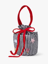 Load image into Gallery viewer, Stych Girl&#39;s Gingham &amp; Red Velvet Embroidered Stych Heritage Bucket &amp; Pouch Bag, Handle, Drawstring &amp; Tie closure 