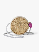 Load image into Gallery viewer, Stych Girl&#39;s Gold Glitter &amp; Velour Round Crossbody Bag with Pink Heart Zip Charm; one size