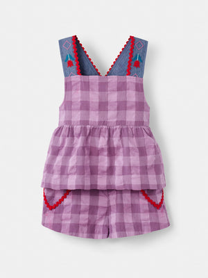 Stych Girls 2 Piece Co ord Top & Shorts Set Lilac Gingham With Red Embroidery Details , Sizes 3-4 years, 5-6 years, 7-8 years