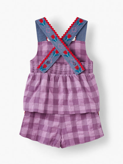 Stych Girls 2 Piece Top & Shorts Set Lilac Gingham With Red Embroidery Details , Sizes 3-4 years, 5-6 years, 7-8 years