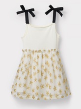 Load image into Gallery viewer, Stych Girls&#39; Cream &amp; Gold Strappy Dress With Gold Metallica Star Print Elasticated Waist, Lined Ages 3-4 5-6 &amp; 7-8 years 