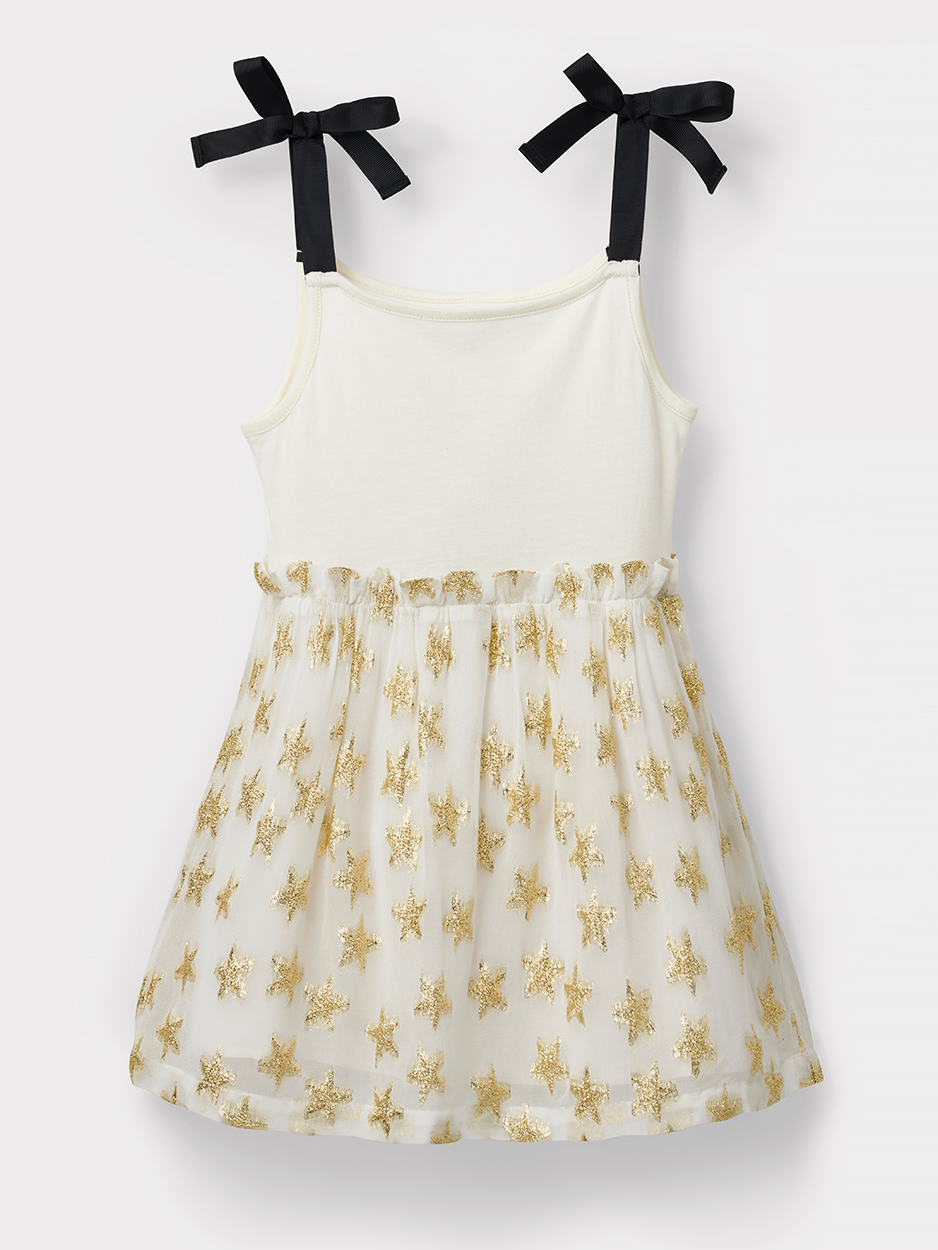 Stych Girls' Cream & Gold Strappy Dress With Gold Metallica Star Print Elasticated Waist, Lined Ages 3-4 5-6 & 7-8 years 