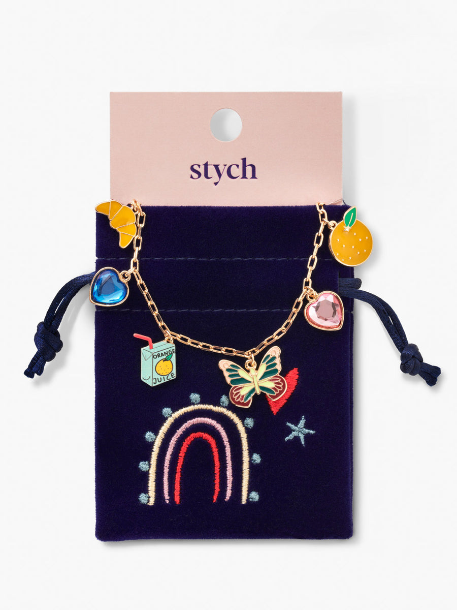 Stych Girl's Charm Bracelet With Stych Heritage Character Enamel Charms & Gems  with Giftable Velour Pouch 