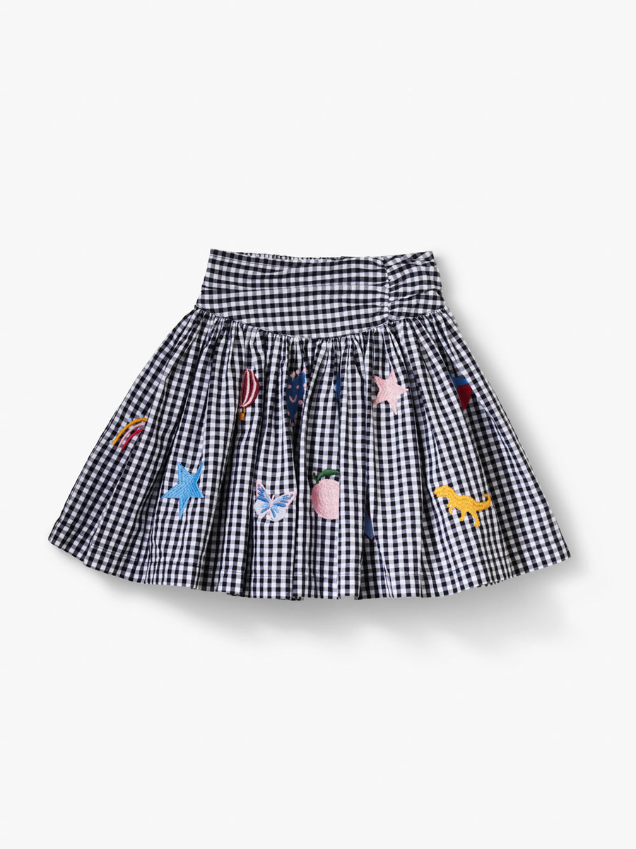Stych Girl's Monochrome Gingham Skirt With Embroidery Applique With Wide Ruched Elasticated Waistband Ages 3-5 & 6- years