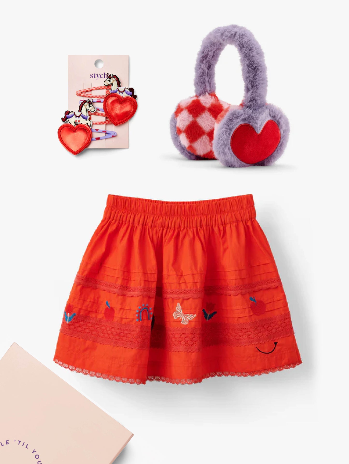 Stych Gift Set  of Red skirt with embroidery, faux fur purple heart earmuffs, 4 pack unicorn and heart clips in a Gift Bag