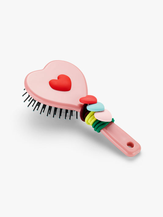 Stych Girls Heart-shaped hairbrush with a heart decoration, with pack of 3 colourful heart hairbands 