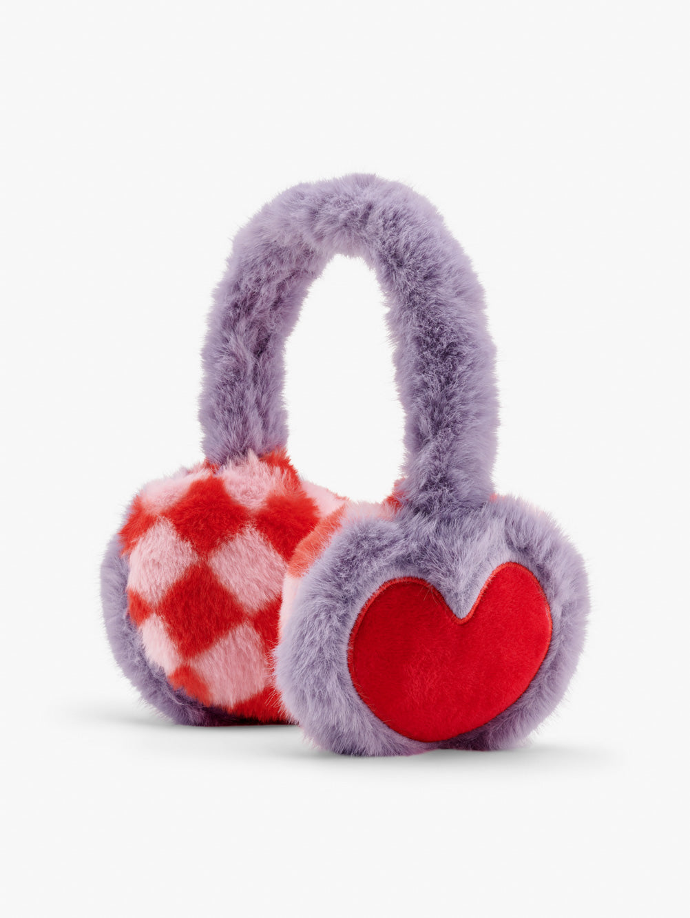 Stych Girls Lilac Faux Fur earmuffs with checkered pattern and big heart design 