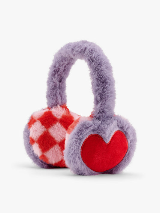 Stych Girls Lilac Faux Fur earmuffs with checkered pattern and big heart design 