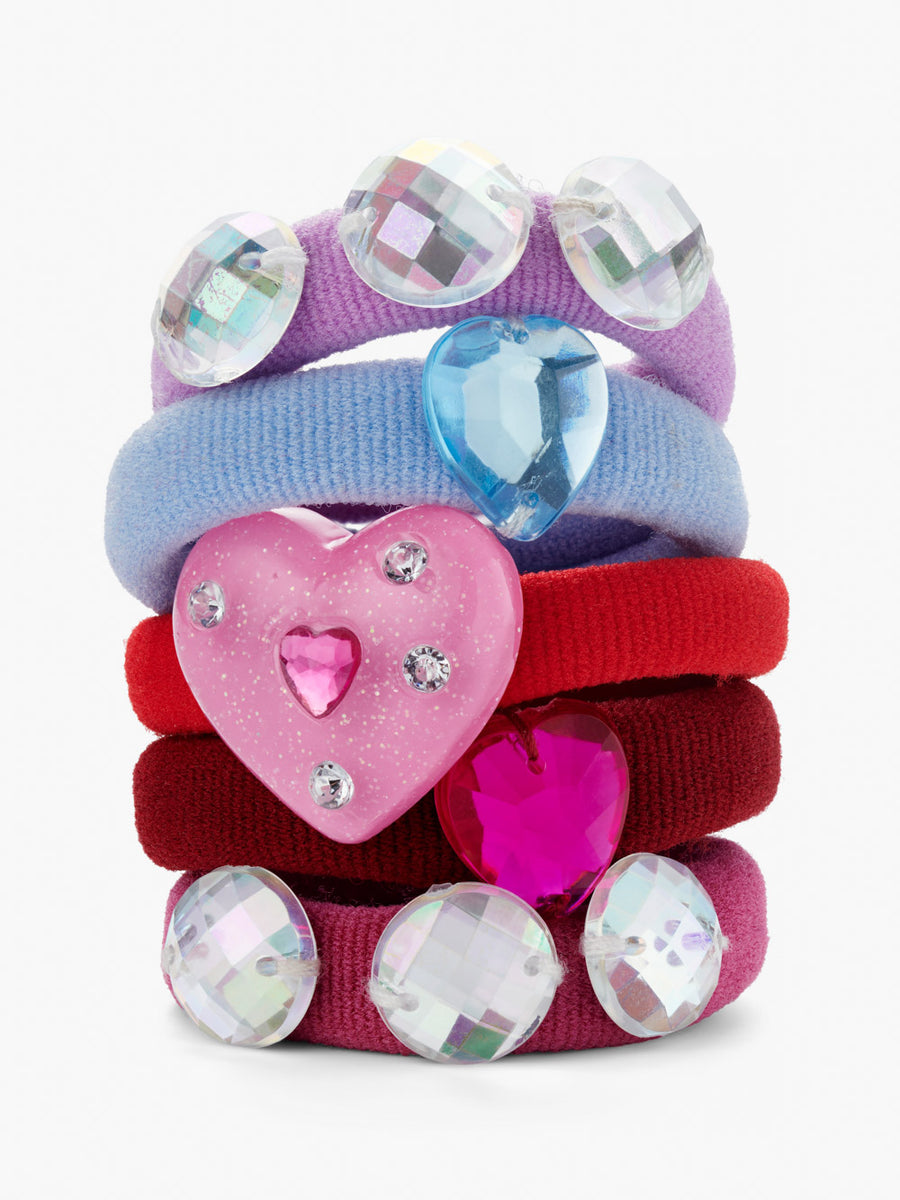 Stych Girl's Pack of 5 Heart Jewelled Ribbed Hair Bands, Pinks & Lilac 