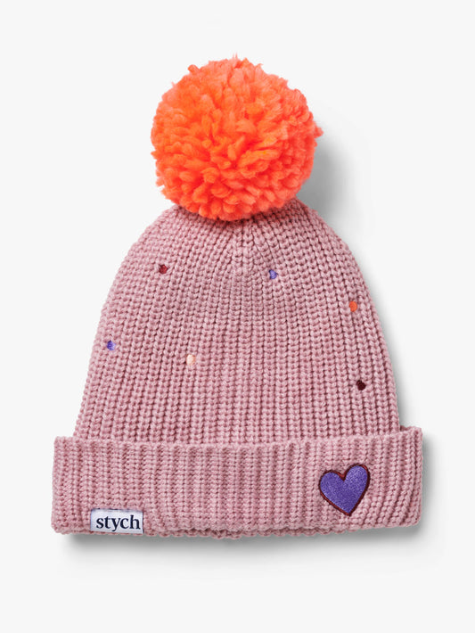 Stych Girl's Pink Ribbed Knit Orange Pom Heart Patch Beanie Size 3-5 6-8 years 