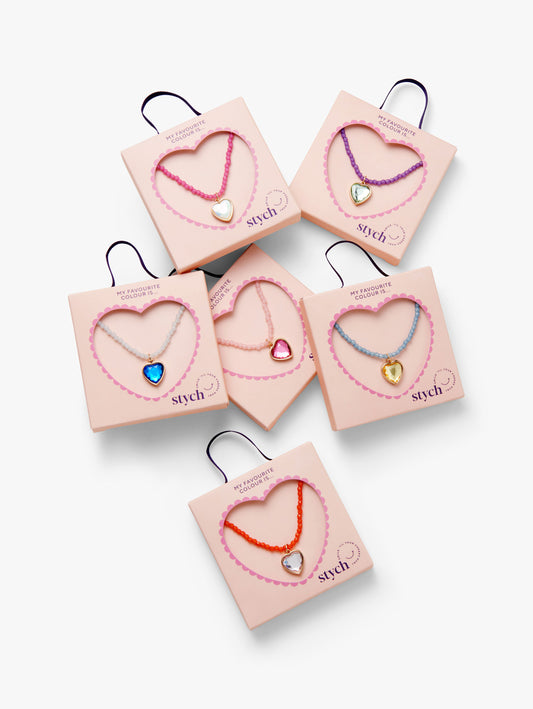 Stych Girls different colour heart-shaped pendant with contrast beaded necklace in giftable pink boxes 