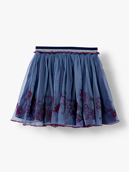 Stych Kid Blue Tulle Skirt With Carousel of Stych iconic character Embroidery, with silver lurex elasticated Waistband, 3 sizes 