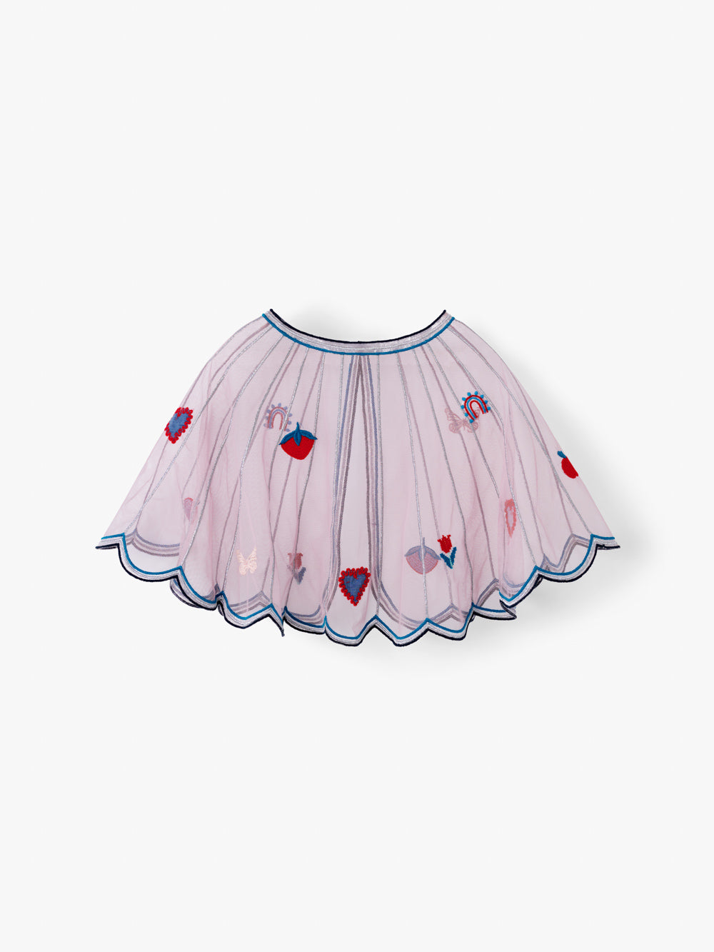 Stych Girls Blush Pink Tulle Cape With Rainbow , Tulip, Heart Embroidery One Size