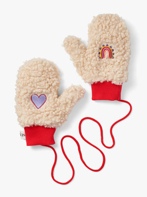 Stych Girl's Cream Borg Mittens With Rainbow & Heart Embroidery Patch Detail Sizes Small 3-5 Medium 6-8 years