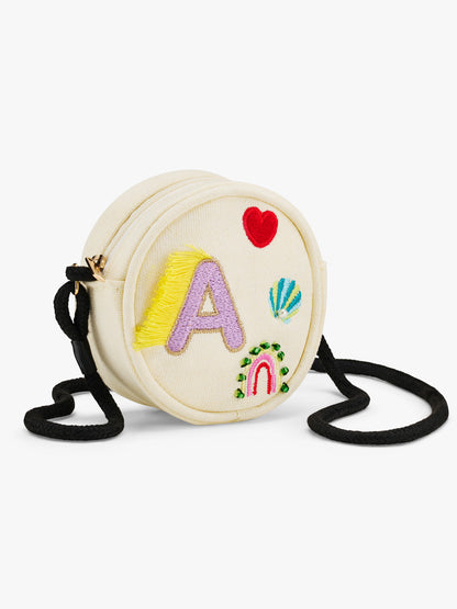 Stych Girls Canvas White Initial Crossbody Bag Embroidery & Bead Detail, One Size