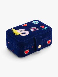 Stych Girls Accessories Initial Fringe & Embroidered Jewellery Box In Blue Velour With Popper Closure, Lined. Stych Girls Blue Initial Jewellery Box With Embroidery & Bead Detail, Popper Opening, One Size