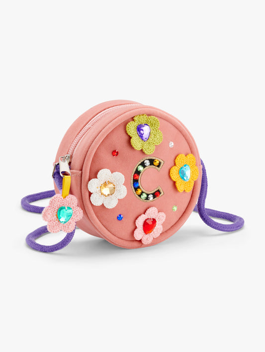 Initial Crochet Flower Gem Crossbody Bag C