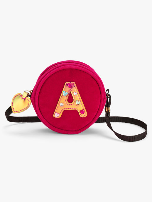 Stych Girl's Pink Initial Gem Letter On Velour Round Crossbody Bag With Heart Charm Zip Closure 
