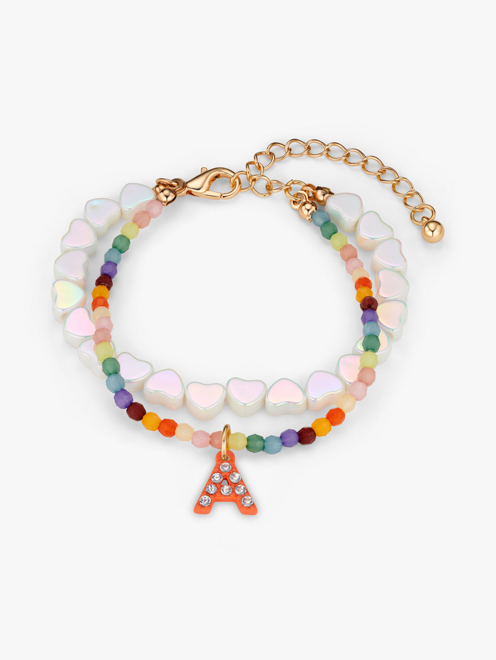 Stych Girls Set of 2 pearlized heart and multicoloured beaded bracelets with a letter gem initial and gold tone extension chain 