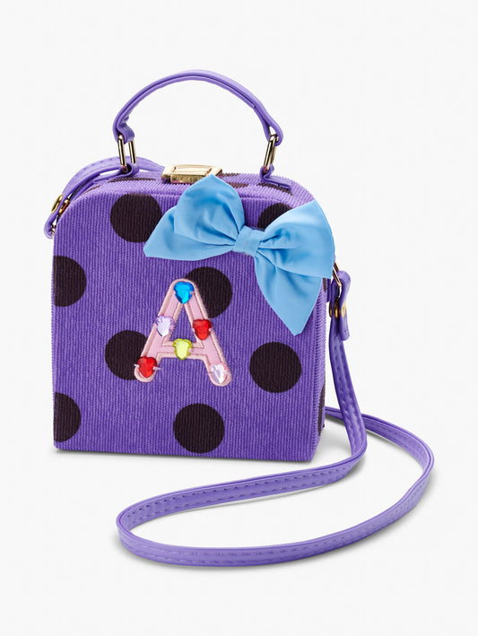 Stych Girls Gem Initial Purple polka dot box bag with crossbody strap with a blue bow 