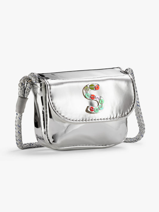 Stych Girls Bag Accessories Initial Silver Metallic Mini Crossbody Bag With Sequin Appliques Popper Closure. 