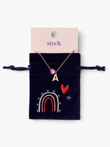 Stych Girl's Initial Charm & Gem Necklace With Giftable Velour Pouch ; Multi-colour
