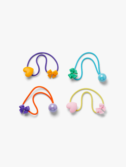 Stych Girls Pack of 4 pastel colour hair bands with heart, bow and ball charm decorative detail. 