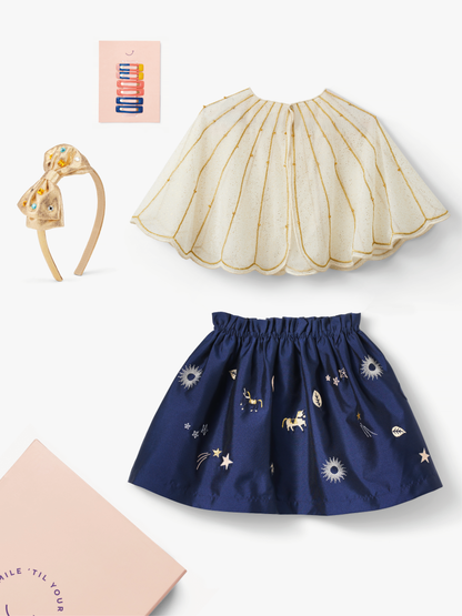 Stych Kids Navy Celestial Embroidered Skirt And Gold Lurex Tulle Cape And Accessories Gift Box, 3-5y, 6-8y