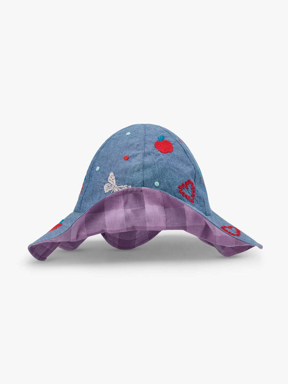 Girls Cotton Reversible Sun Bucket Hat With Wide Rim, Chambray & Lilac With Embroidery Detail, Sizes 3-5y and 6-8y