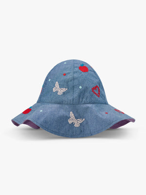 Girls Cotton Reversible Sun Bucket Hat With Wide Rim, Chambray & Lilac With Embroidery Detail, Sizes 3-5y and 6-8y