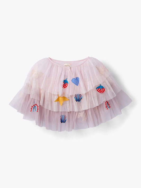 Stych Kids Layered Ruffle Tulle Embroidered Dress Up Party Cape 