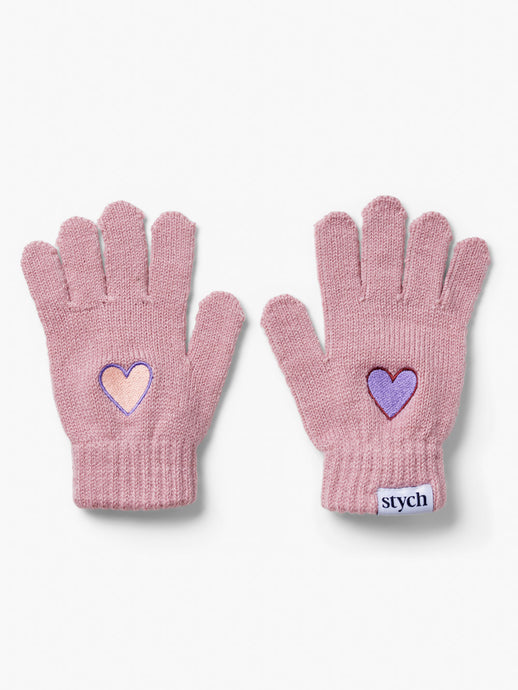 Stych Girl's Lilac Knit Magic Gloves With Heart Embroidered Motif Applique one size